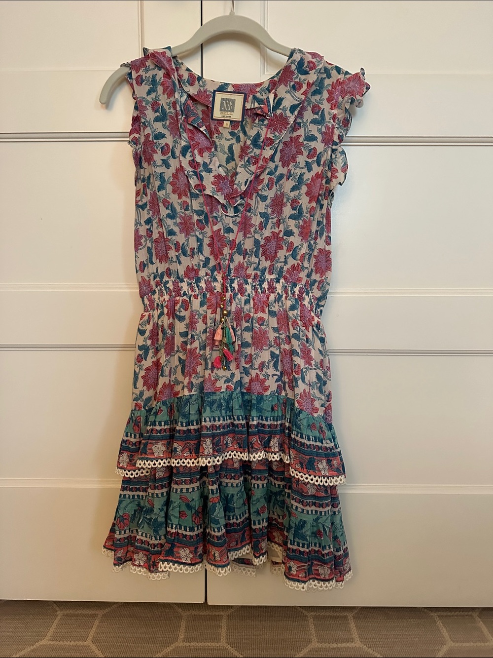 Girls Boho Floral Ruffle Mini Dress in Pink & Teal